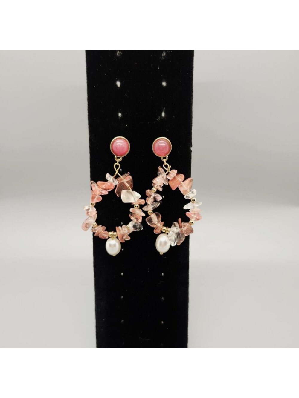 Pink Quartz Chip Stone Dangle Earrings 4.5cm Pearl Drop Gold Tone Fashion